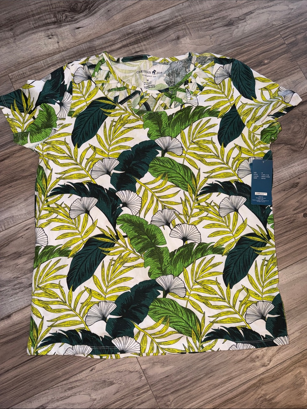 Caribbean Joe White Tee with Green Tropical Leaf Print